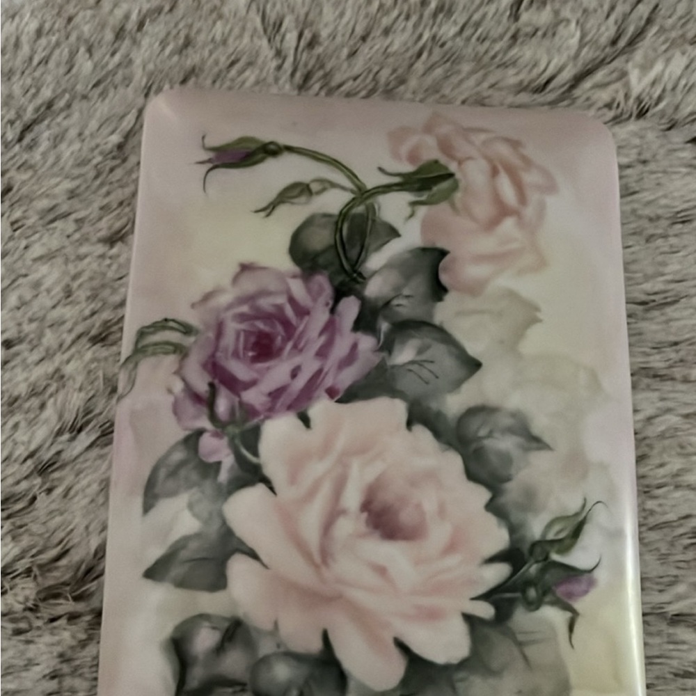 Floral Rose Design Women's Vintage Trinket Dish with Hand Painted Lid